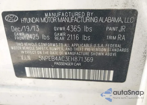 2014 Hyundai Sonata Gls z USA, uszkodzony, nr VIN 5NPEB4AC3EH871369